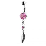 Belly Ring – Pink Jeweled Charm with Feather Drop