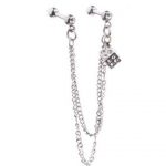 Tragus & Helix – Double Stud Chain Dangle with Diamond Charm – 316L Surgical Steel