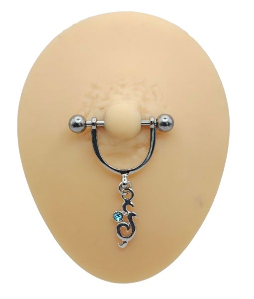 Tribal Dangle Nipple Piercing – Aqua Accent - Image 2