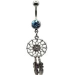 Belly Ring – Dreamcatcher & Feather – Aqua CZ – 316L Surgical Steel