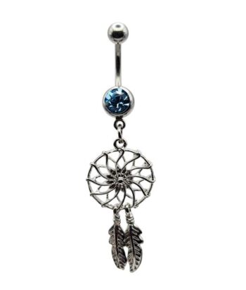 Belly Ring – Dreamcatcher & Feather – Aqua CZ – 316L Surgical Steel