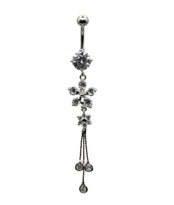 Belly Ring – Flower Dangle – Clear CZ – 316L Surgical Steel