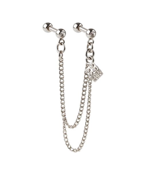 Tragus & Helix – Double Stud Chain Dangle with Diamond Charm – 316L Surgical Steel