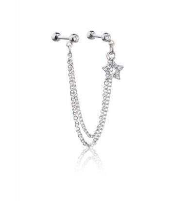 Tragus & Helix – Double Stud Chain Dangle with Star Charm – 316L Surgical Steel