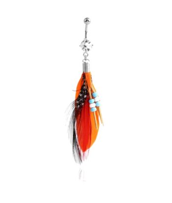 Feather Dangle Belly Ring – Orange & Black