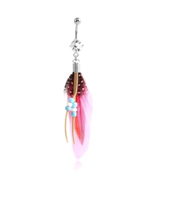 Feather Dangle Belly Ring – Pink & Brown