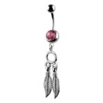 Triple Leaf Dangle Belly Ring – Pink Crystal