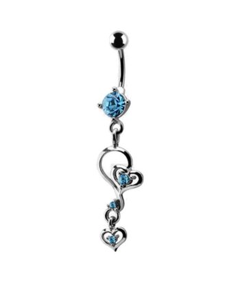 Belly Ring – Heart & Scroll Design – Aqua – 316L Surgical Steel
