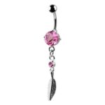 Belly Ring – Pink Jewelled Charm With Feather Drop