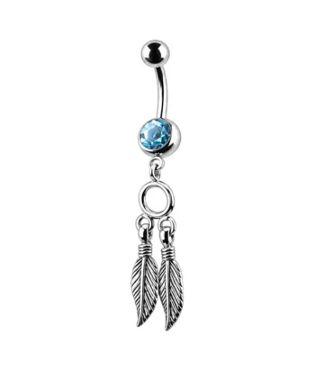 Triple Leaf Dangle Belly Ring – Aqua Crystal