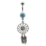 Belly Ring – Dreamcatcher & Feather – Aqua CZ – 316L Surgical Steel