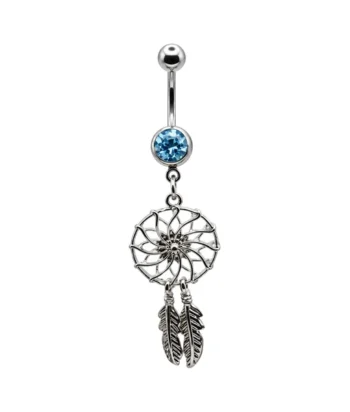 Belly Ring – Dreamcatcher & Feather – Aqua CZ – 316L Surgical Steel