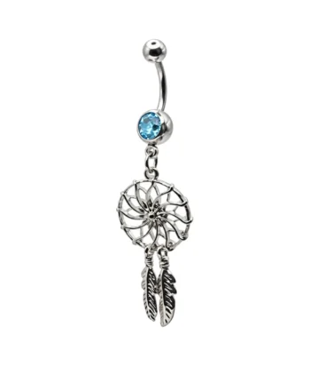 Belly Ring – Dreamcatcher & Feather – Aqua CZ – 316L Surgical Steel