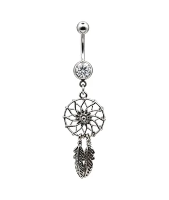 Belly Ring – Dreamcatcher & Feather – Crystal – 316L Surgical Steel
