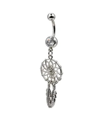 Belly Ring – Dreamcatcher & Feather – Crystal – 316L Surgical Steel