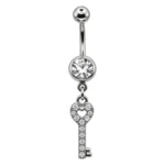 Belly Ring – Key Dangle – Crystal – 316L Surgical Steel