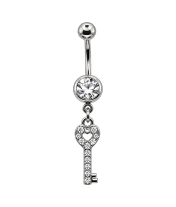 Belly Ring – Key Dangle – Crystal – 316L Surgical Steel
