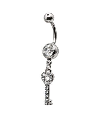 Belly Ring – Key Dangle – Crystal – 316L Surgical Steel
