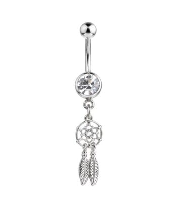 Belly Ring – Dreamcatcher & Feather – Crystal – 316L Surgical Steel